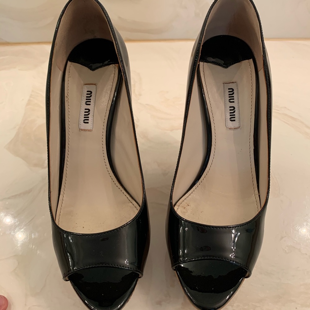 Miu Miu Leather Open Toe Wedge Black Heels Italian